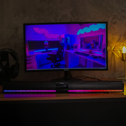 Caixa De Som Soundbar Home Theater Bluetooth 5.0 Barra De Som Potente Para Tv Smart Pc Gamer Jogos Notebook Sala De Cinema Com Controle Remoto Led Rgb Usb P2 Brinde Suporte De Mesa Para Celular Tablet