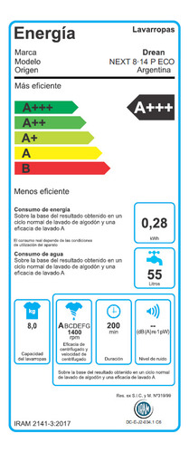 Lavarropas Carga Frontal Drean 8.14 P Eco 8 Kg Led A+++