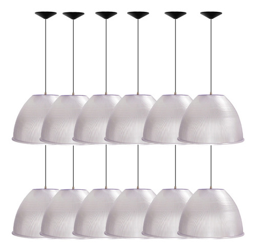 Kit 12 Luminárias Para Galpão 16 Pol 40cm Cristal Cabo 1,1m Estrutura Preto