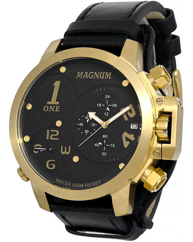 Relógio Magnum Masculino Dourado Ma33764u Couro Bracelete Cor da correia Preto Cor do fundo Preto