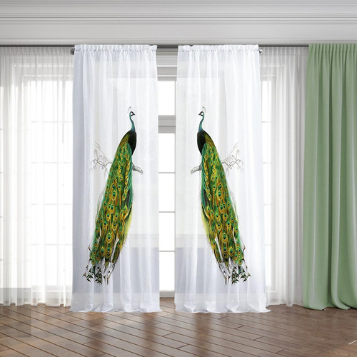H Cortina Transparente Com Estampa De Pavão De 2 Peças