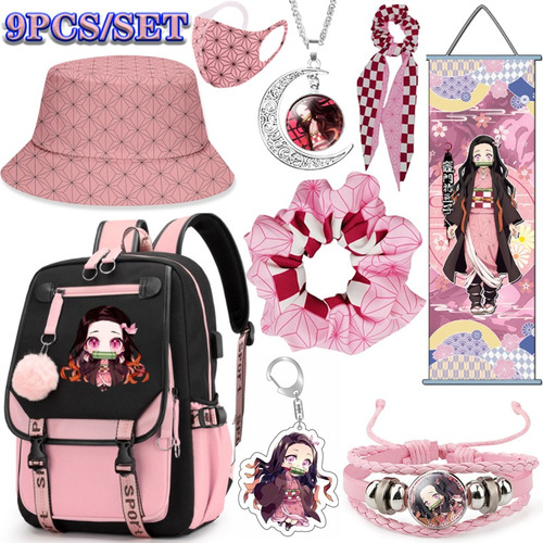 9 Unids/set Demon Slayer Nezuko Mochila Estudiantes+sombrero