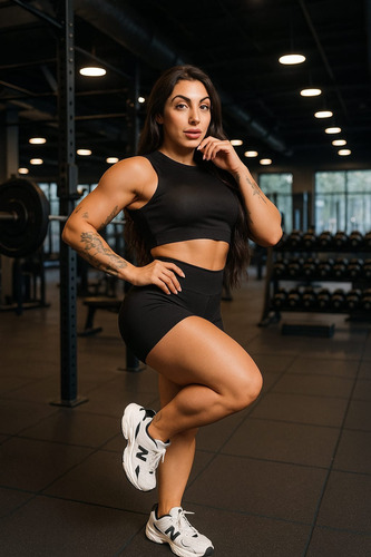 Conjunto Fitness Feminino Cropped E Legging Short Academia Preto Liso G