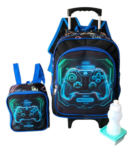 Mochila Escolar Manete Vídeo Game Rodinhas Tam G  Lancheira Cor Preto Desenho Do Tecido Personagem