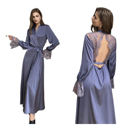 Pijama Largo De Seda De Hielo Para Mujer Con Encaje Elegante