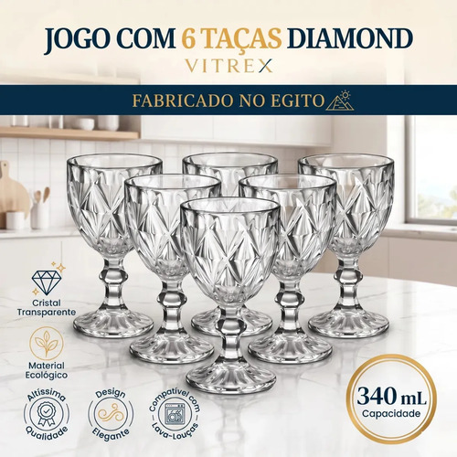Jogo 6 Taças de Cristal 340ml Diamond Transparente Lapidado Vitrex