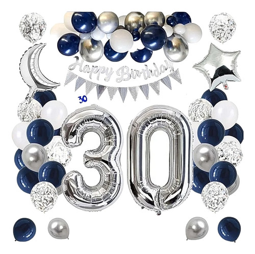Kit Globos 30 Años Cumpleaños Metalicos Fiesta Azul Naval D