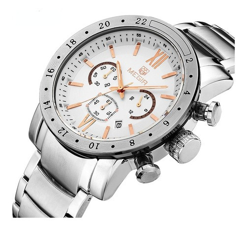 Reloj Megir 3008 para hombre, pulsera de acero impermeable con bisel, color plata y rosa