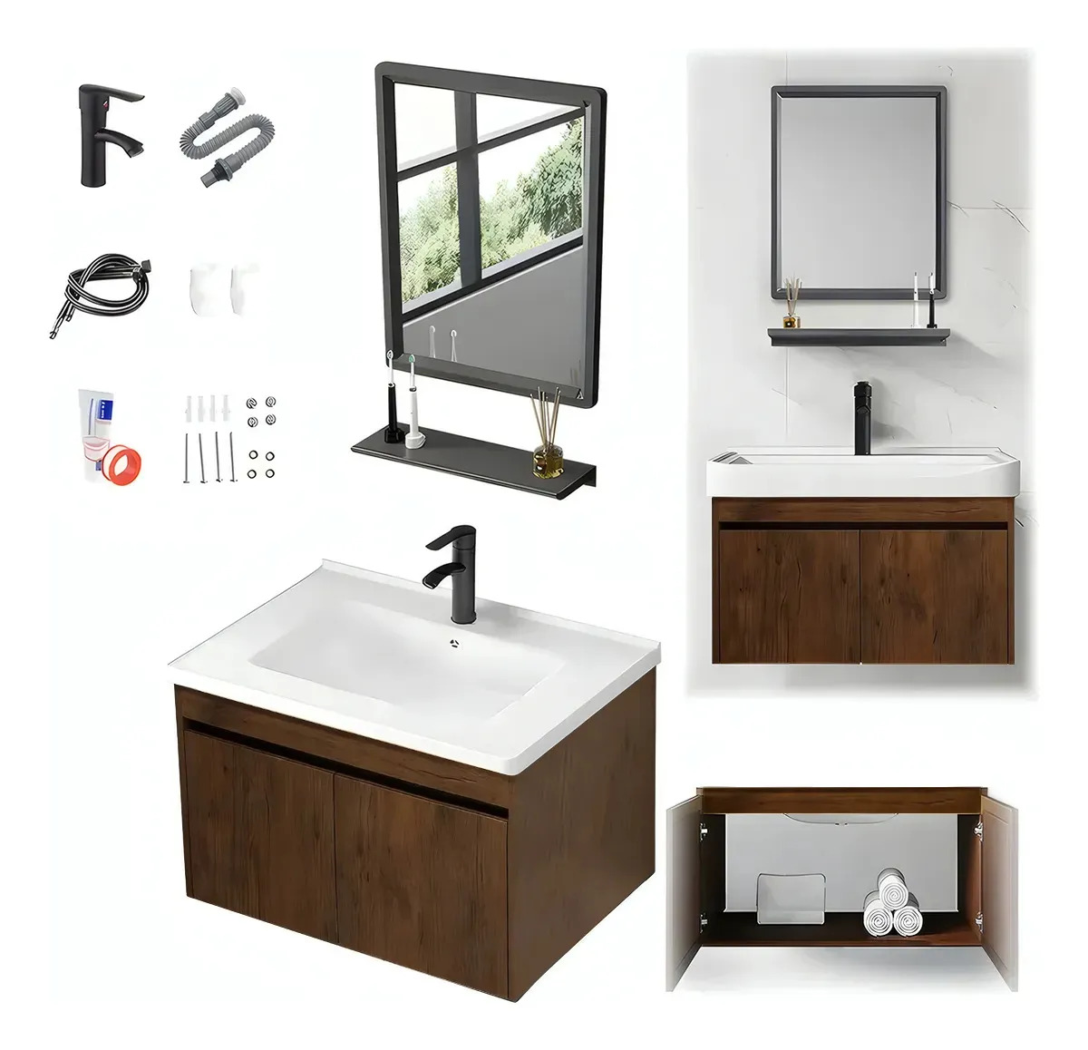 Moderno Minimalista Kit De Lavabo Rectangular Para Baño 51cm X 36cm,con Espejo Armario Grifo，Armarios Flotantes Montados En la Pared