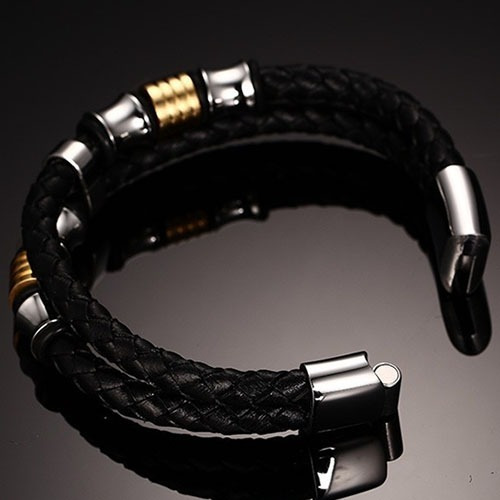 Imagem 4 de 5 de Pulseira Masculina Bracelete Em Couro E Aço Inox
