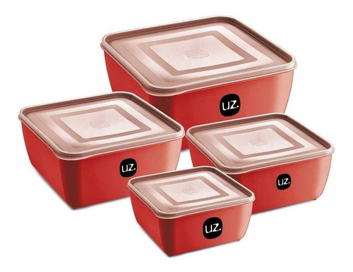 4 Potes Porta Mantimentos Quadrado Premium Multiuso Uz Uz298 Cor Vermelho