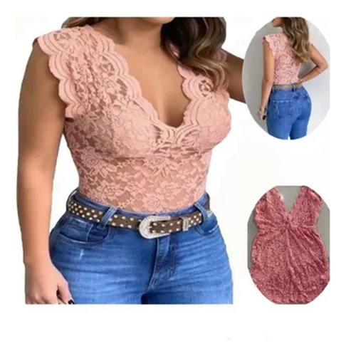 Blusa Top De Encaje Transparente Para Mujer Cuello V