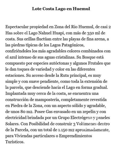 Importante Fracción Costa De Lago En Villa La Angostura Zona Brazo Huemul