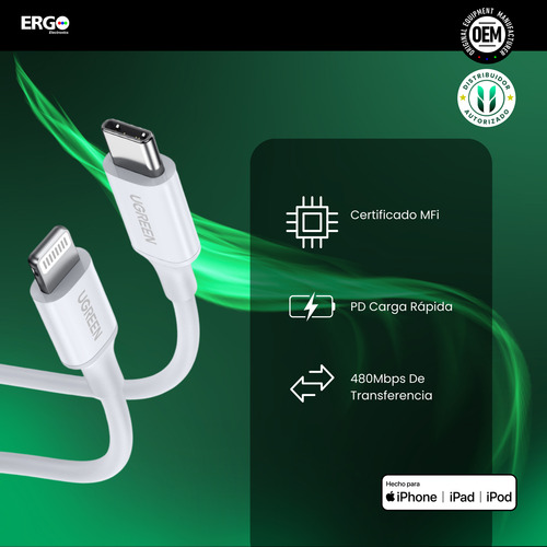 Cable Ugreen Usb-c A Lightning 60w 3a Carga Rápida Tpe 1m N
