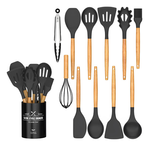 Utensilios De Cocina 11 Piezas Soporte De Madera Y Silicona Negro