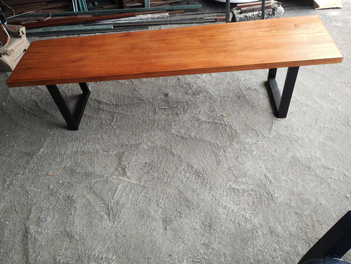 Banca Tipo Industrial 140 Cm De Largo Metal / Laqueado Negro Madera Barniz Al Natural