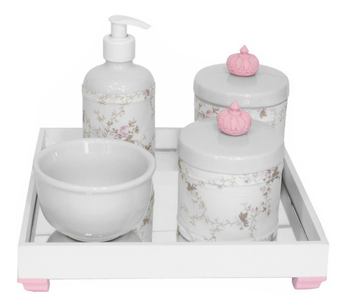 Kit Higiene Espelhado Potes Porcelana Bebê Nuvem Rosa Menina Cor Coroa