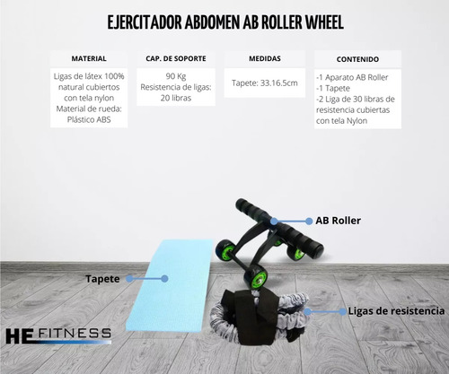 Ejercitador Abdomen Ab Roller Wheel +liga Resistencia+tapete
