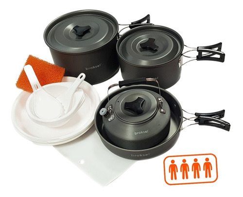 Marmita 4 Personas Mochilero Camping Set Cocina 16pz Broksol