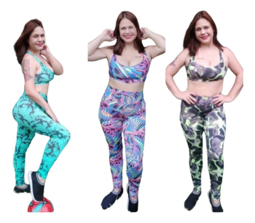 Kit Com 3 Conjuntos Fitness Com Legging E Top