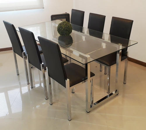 Juego Comedor Mesa 2x0.9 Más 6 Sillas Cromado Vidrio Moderno