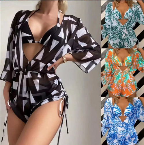Juego De Traje De Baño Bikini Para Mujer Con Abrigo 3 Piezas