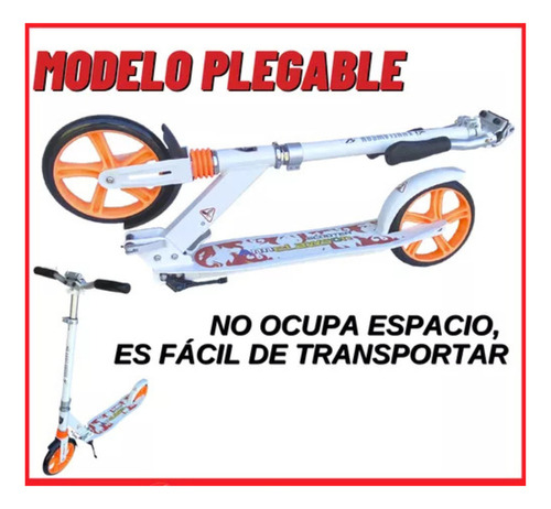 Monopatín Plegable Blanco Aluminio Súper Reforzado Ruedas Grandes 20cm Base Antideslizante Amortiguación Delantera Freno Chapa Resistente Manubrio Ajustable Soporta Hasta 100kg Ideal Adultos Niños