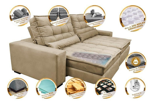 Sofá Retrátil e Reclinável com Molas Ensacadas Cama inBox Gold 2,32m Tecido Suede Velusoft Bege