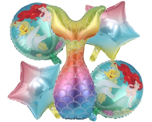 Pack 5 Globos Metalizados Cola Sirena Y Sirenita Redondos