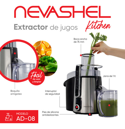 Extractor de Jugos Profesional Nevashel AD-08, 1400W, 5 Velocidades, Vaso de 1 Litro, Display Digital, Automático, Ideal para Frutas y Verduras, Diseño Moderno, Uso Doméstico y Comercial, 127V