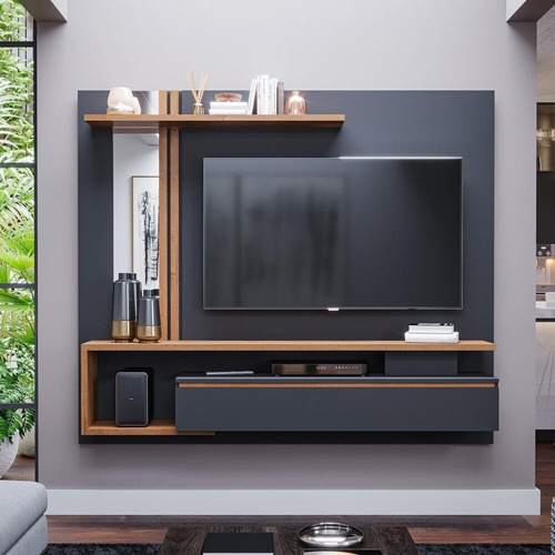 Painel Para Tv Sala Quarto De Mdf Preto Chumbo 180cm Até 60