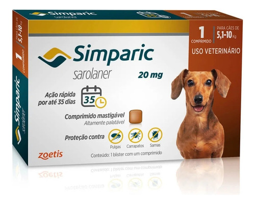 Pastilla antiparasitario para pulgas Zoetis Simparic para perro de 5.1kg a 10kg color blanco