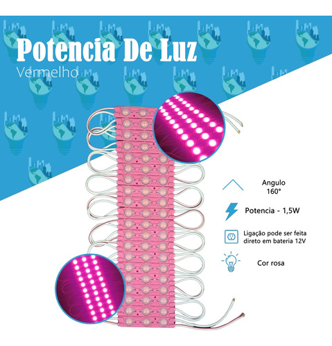 20 Módulos 3 Leds Luminoso 1.5w 12v Ip67 Rosa