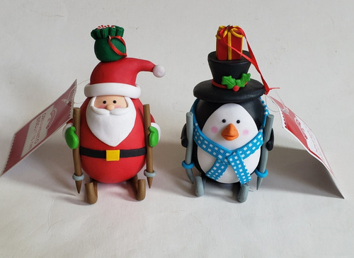 Enfeite Natalino Em Biscuit Papai Noel E Pinguim 13 Cm