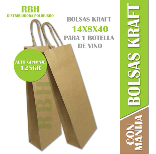 Bolsa Para Botella De Vino Con Manija Kraft 14x8x40 X50 Unid