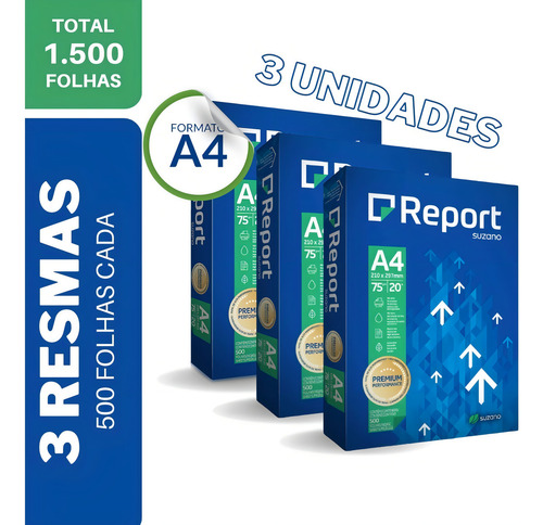 Pacote com 3 Unidades de Resma Report A4 Multifuncional de 500 Folhas de 75g Cor Branco
