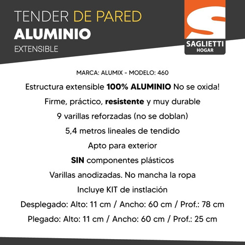 Imagen 3 de 8 de Tendedero Tender Pared Extensible Aluminio 60 Cm Reforzado