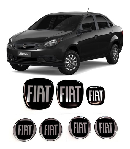 Kit 7 Adesivos Emblema Fiat Preto Grand Siena Resinado Res27