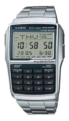 Reloj pulsera digital Casio DBC-32 con correa de acero inoxidable color plateado - fondo azul
