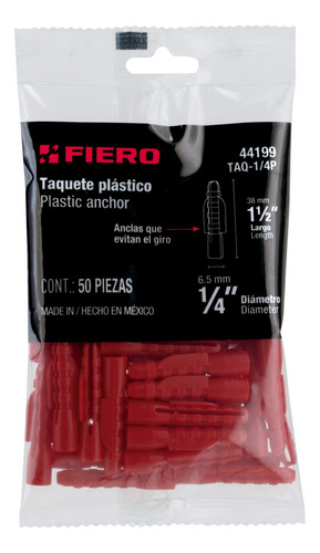 Taquete Plastico Rojo Fiero 1/4  500 Piezas