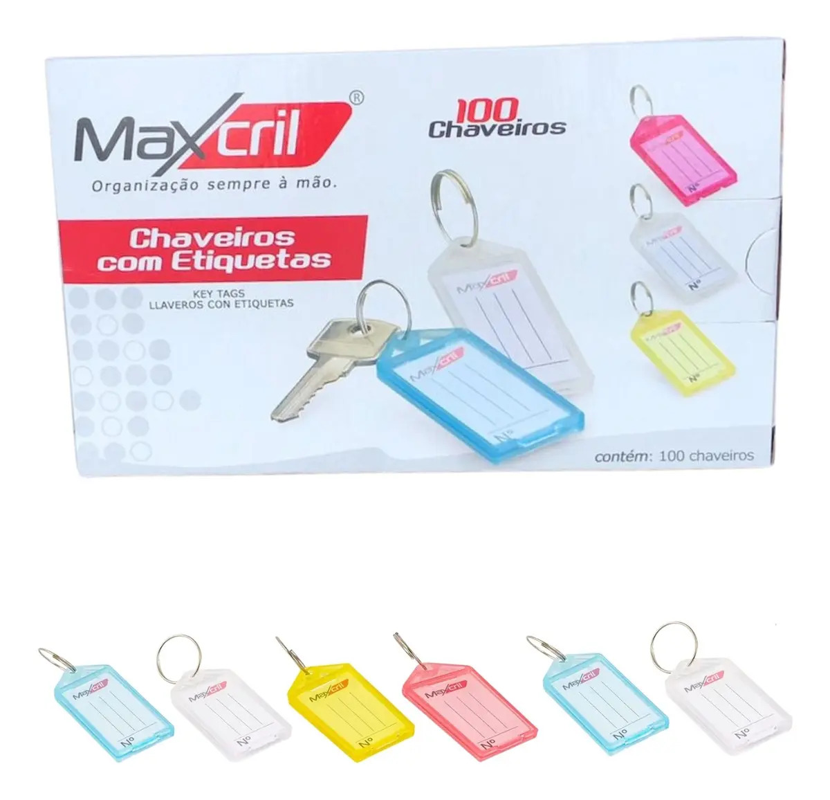 Kit de 100 Chaveiros Identificadores Maxcril para Armário e Claviculário Colorido