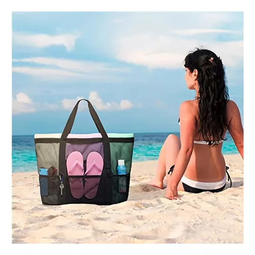 Bolsa de playa de malla – Bolsa grande de playa para mujer, bolsas de  piscina con cremallera, 10 bolsillos, bolsa de juguetes de playa plegable  para