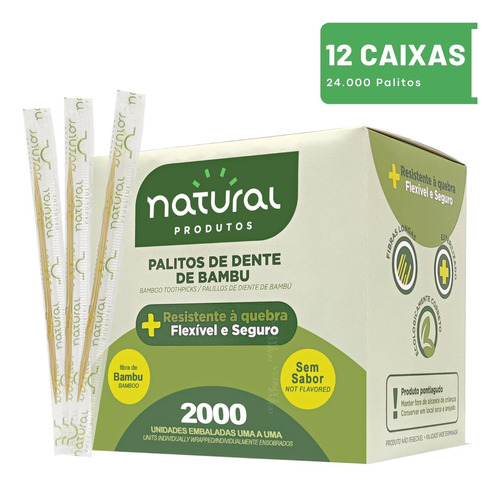 12cx Palito De Dente Bambu Embalado Um A Um - Caixa C/ 2.000