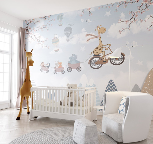 Imagem 4 de 5 de Papel De Parede Quarto Bebe Safari Balões Infantil Wt-02 M²