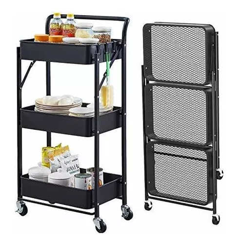 Carrito Organizador De 3 Niveles Con Ruedas Plegable Negro