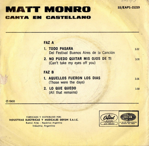 Matt Monro Canta En Castellano ( Simple ) 7'' (Usado)