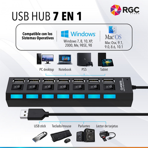 Imagen 6 de 10 de Zapatilla Hub Usb Multiplicador 7 Puertos Usb 2.0 Switch