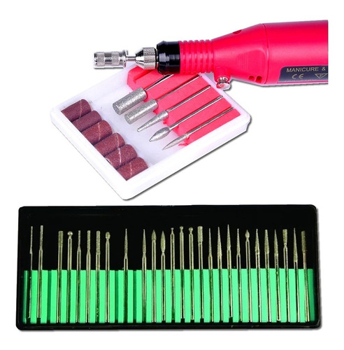 Torno Eléctrico Y Kit 30 Fresas Diamantadas Para Manicura 