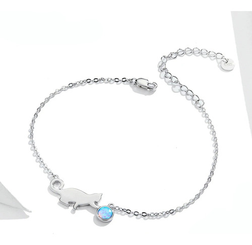 Pulsera Brazalete Gato Gatito Y Pelota De Ópalo Plata S925