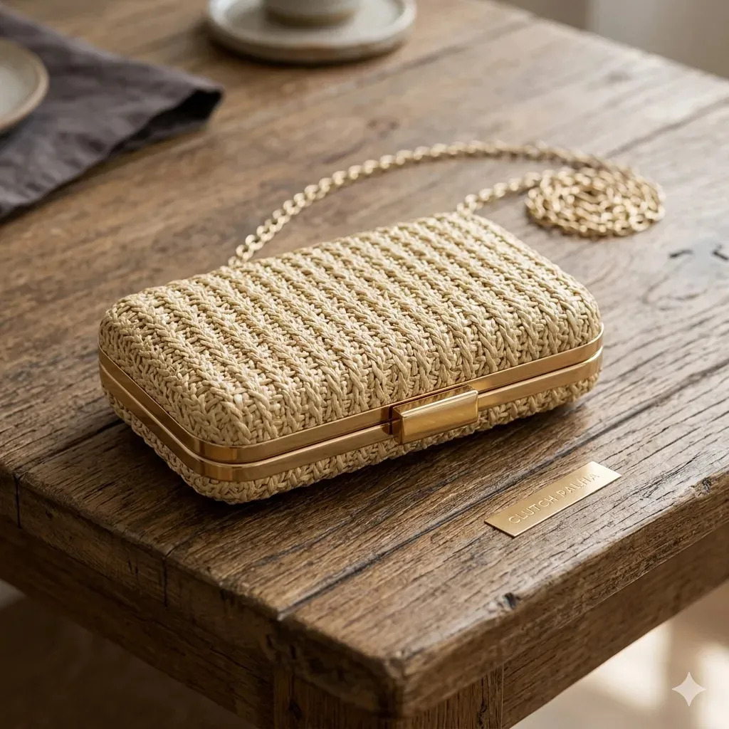 Bolsa Clutch Feminina Palha Chic Festa Casamentos Evento Com Alça Bege Artestore
